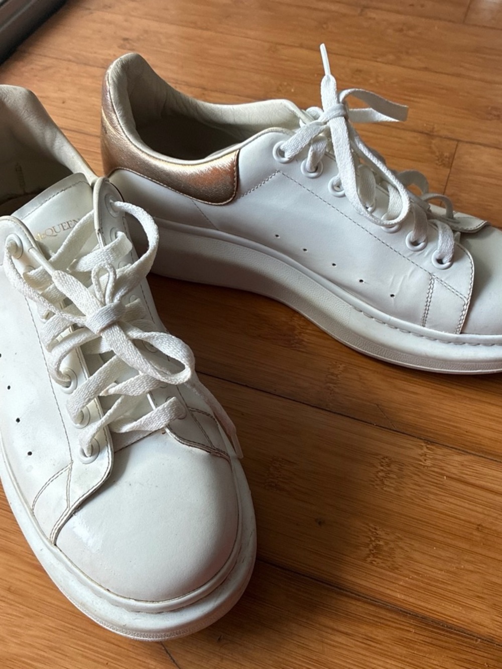 Alexander McQueen White Leather Platform Sneakers with Gold Heel Tab